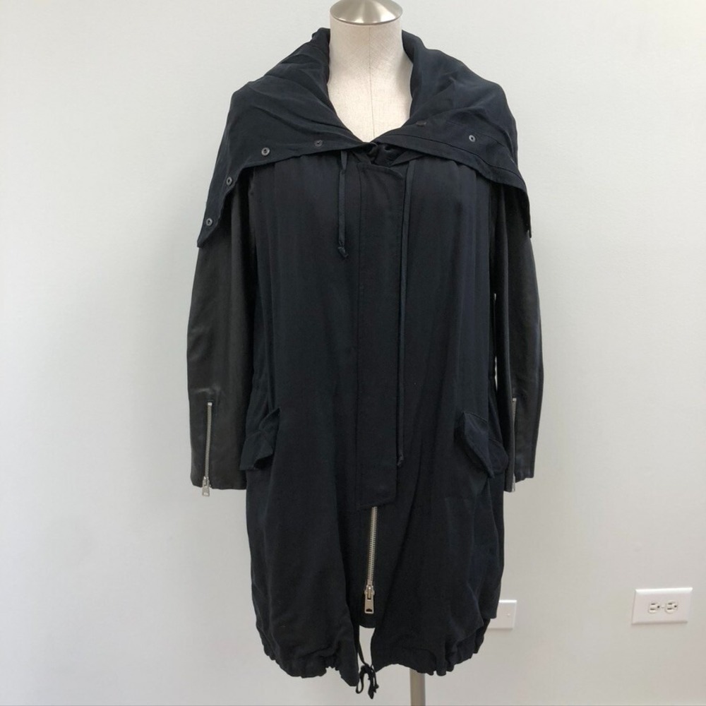 Allsaints Kaito Lea Parka Jacket‎ Womens 6 Black Mid Length Hooded Leather Wool